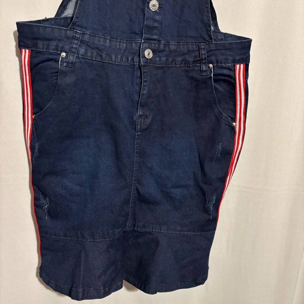 Unbranded XL Dark Wash Denim Bib Overalls Skirt with Side Red White Stripes - Picture 4 of 7